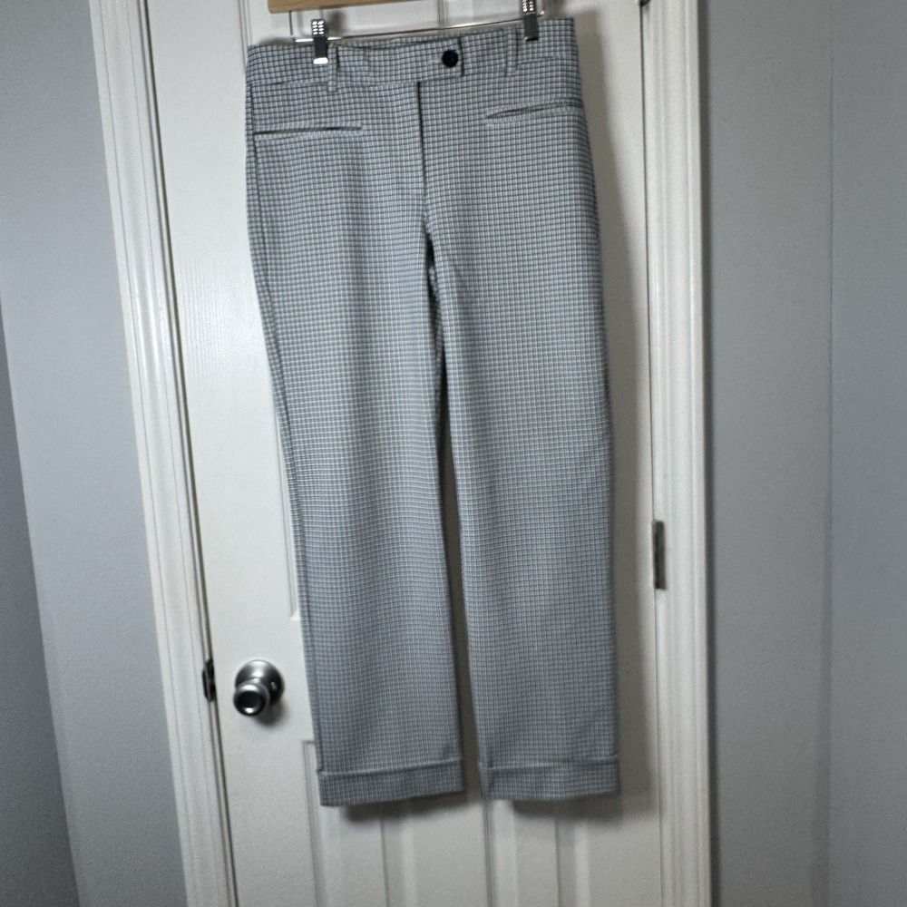 Betabrand Ankle Classic Dress Pant Yoga Pants White Blue Gingham Size M Long